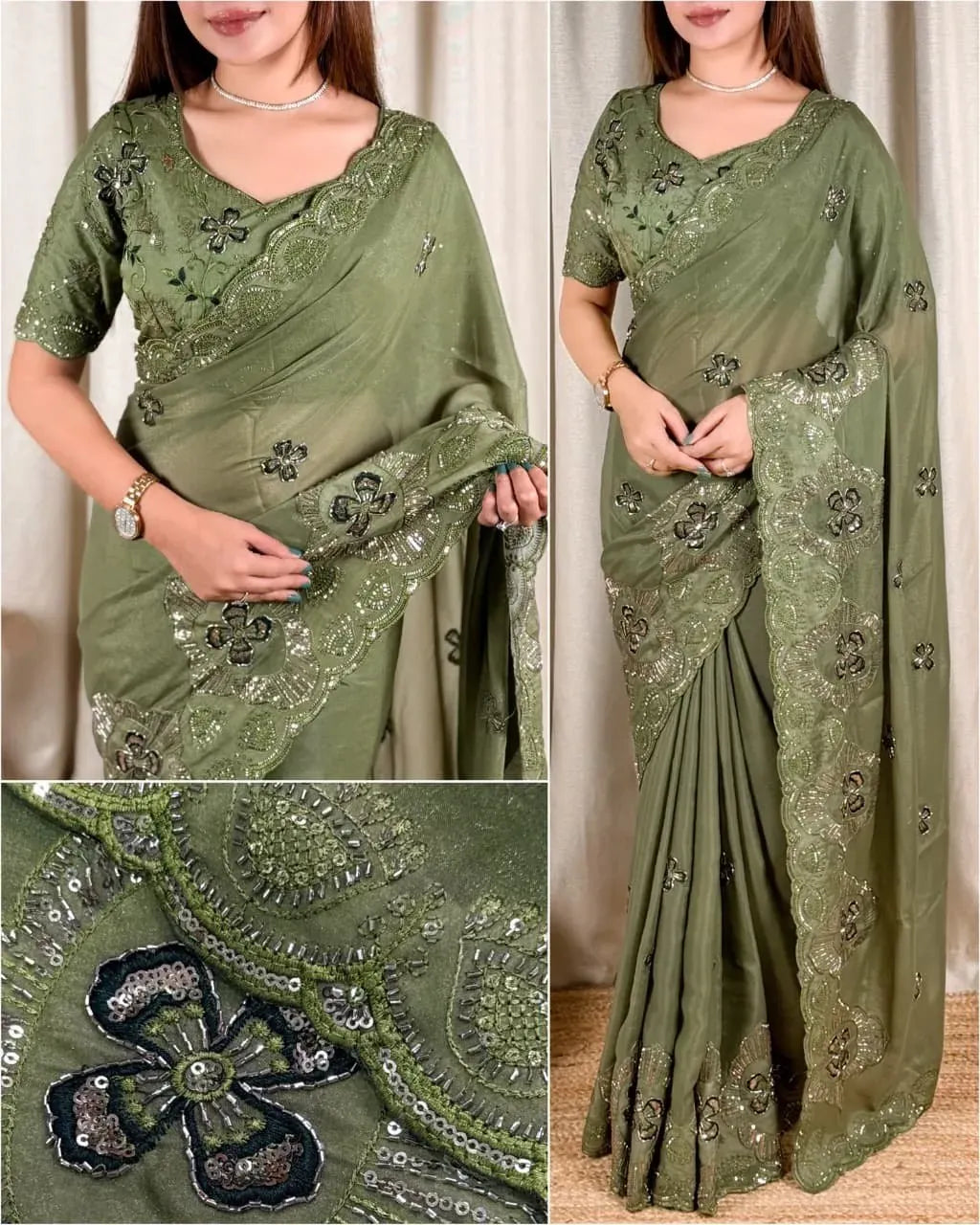 Collage showing model wearing olive green georgette saree with floral sequin border and close up embroidery detail