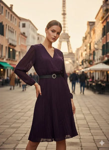 Elegant Georgette Pleated Dress - Belted Flattering Fit for Women