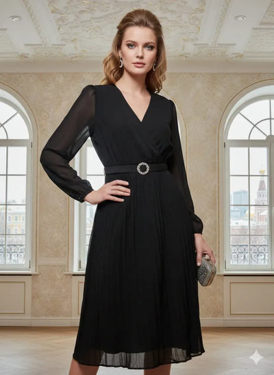 Elegant Georgette Pleated Dress - Belted Flattering Fit for Women