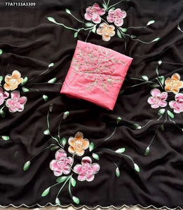 Elegant Georgette Saree - Floral Brush & Ribbon Work Blouse