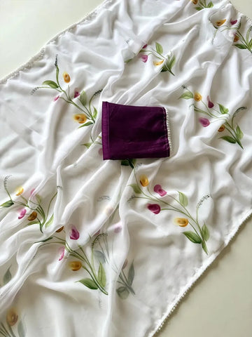 Elegant Georgette Saree - Handbrush Floral Print with Pearl Lace for Festive Wear