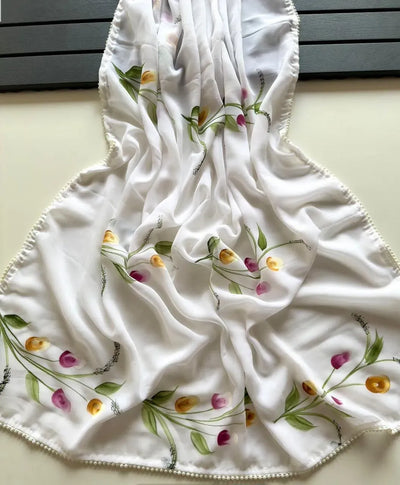 Elegant Georgette Saree - Handbrush Floral Print with Pearl Lace for Festive Wear