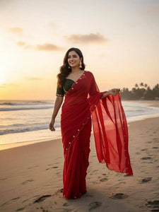Elegant Georgette Saree - Handcrafted for Spring & Holi Festival Wear