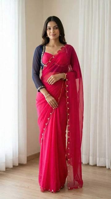Elegant Georgette Saree - Handwork Cutdana Border with Stitched Blouse for Festive Wear