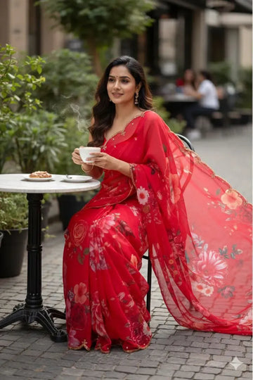 Elegant Georgette Saree - Heavy Handwork & Cut Dana for Festive & Party Wear