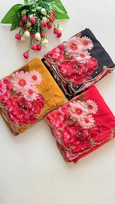 Elegant Georgette Saree - Heavy Handwork & Cut Dana for Festive & Party Wear