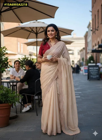 Elegant Georgette Saree - Multi Emrodairy & Moti Border with Contrast Blouse