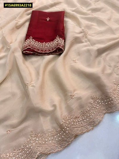 Elegant Georgette Saree - Multi Emrodairy & Moti Border with Contrast Blouse