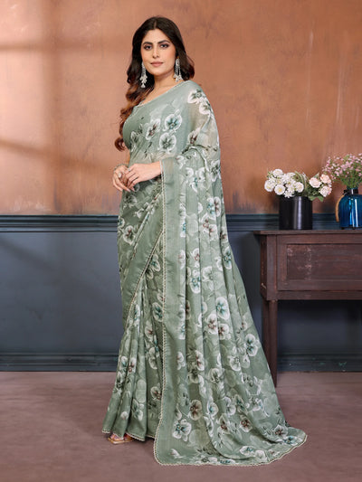 Elegant Georgette Saree - Pista Floral Print for Women