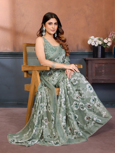Elegant Georgette Saree - Pista Floral Print for Women