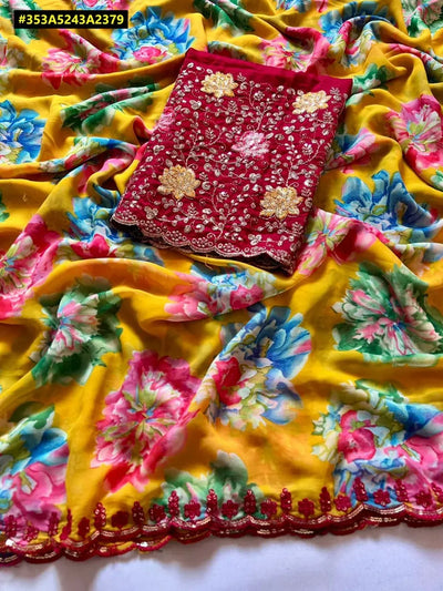 Elegant Georgette Saree - Scalloped Border for Festive Wear