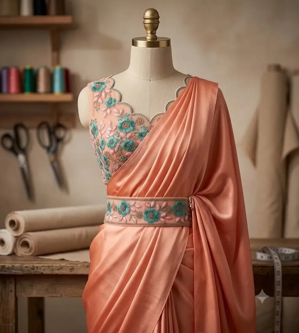 Mannequin wearing a peach satin saree with a teal and pink floral embroidered sleeveless blouse and waist belt