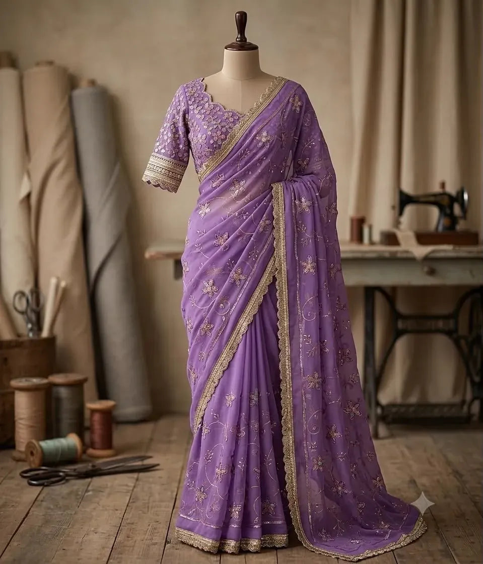 Lavender purple embroidered georgette saree draped on a tailor mannequin in a workshop