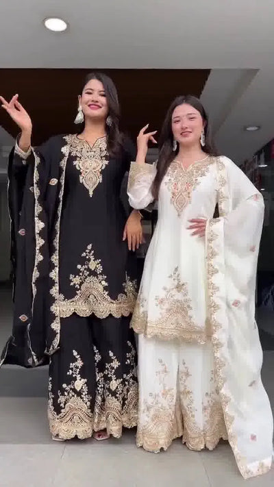 Elegant Georgette Sharara Suit Set - Heavy Embroidery for Festive Wear