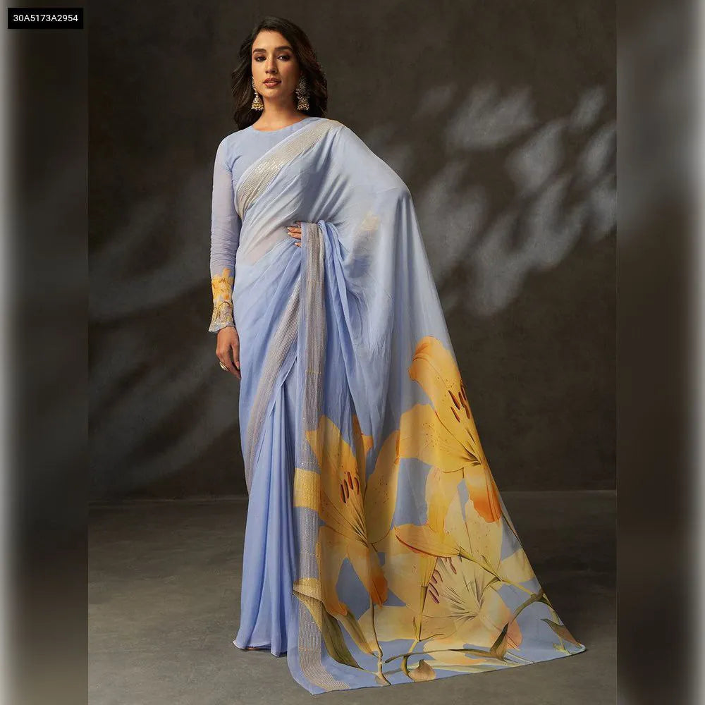 Elegant Lavender Georgette Silk Saree with Yellow Digital Floral Print and Croset Work Border for Women