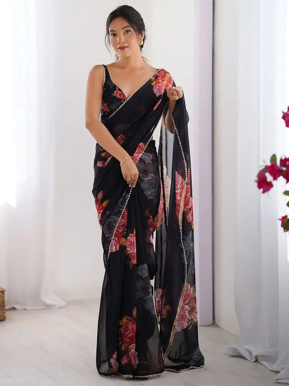 Premium Floral Printed Georgette Silk Saree with Moti Lace Border