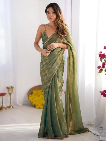 Elegant Gold Check Chiffon Saree - Heavy Lace Work Festive Collection for Women