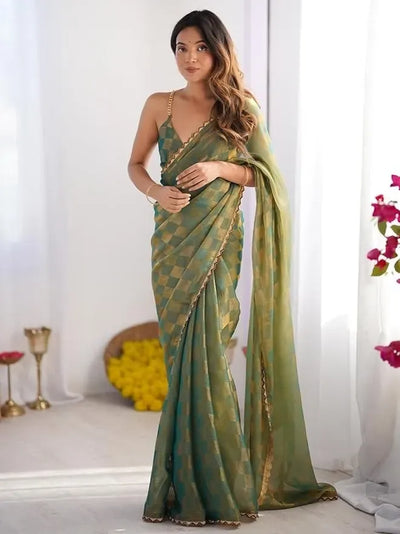 Elegant Gold Check Chiffon Saree - Heavy Lace Work Festive Collection for Women