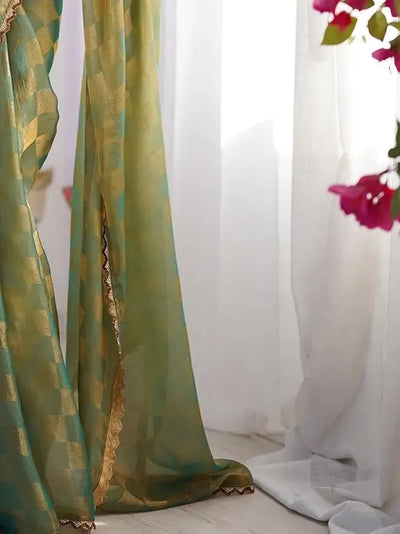 Elegant Gold Check Chiffon Saree - Heavy Lace Work Festive Collection for Women