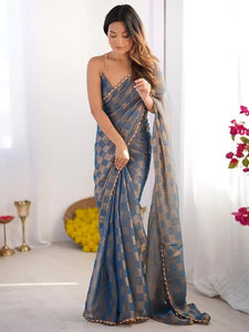 Elegant Gold Check Chiffon Saree - Heavy Zarkha Festive Wear