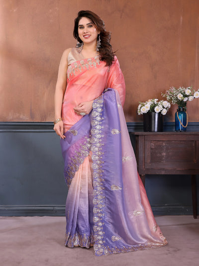 Elegant Gold Crush Ombre Saree - Embroidered for Festive Wear