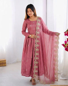 Elegant Gold Crush Silk Gown - Heavy Embroidery Party Wear for Women