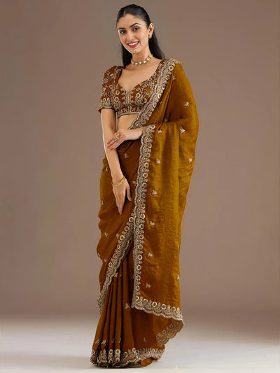 Elegant Gold Tissue Saree - Sequins & Zari Work for Festive Wear