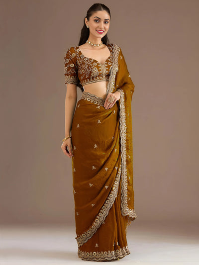 Elegant Gold Tissue Saree - Sequins & Zari Work for Festive Wear