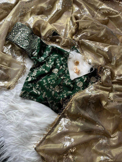 Elegant Golden Saree - Luxe Foil & Leriya Work for Festive Evenings