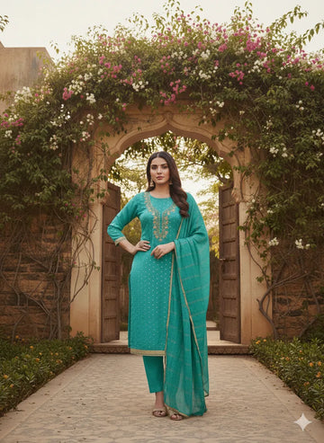 Elegant Green Chanderi Modal Suit - Embroidery Festive Wear