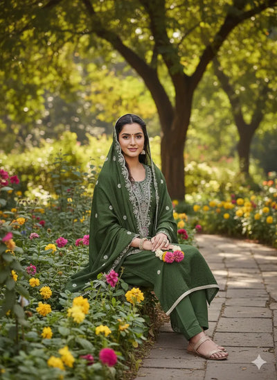 Elegant Green Embroidered Dress Material - Vichitra Blooming Festive Wear