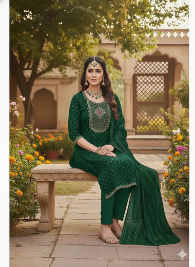 Elegant Green Modal Embroidery Suit Set - Unstitched Festive Wear for Women