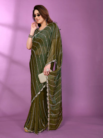 Elegant Green Silk Satin Saree with Designer Bead Work