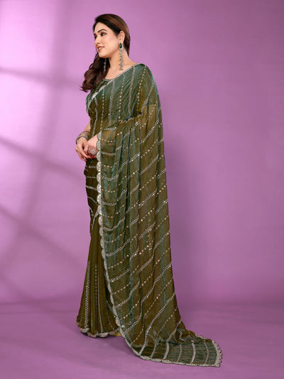 Elegant Green Silk Satin Saree with Designer Bead Work