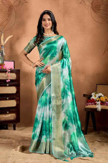 Elegant Green Soft Silk Saree - Watercolor Print with Zari Border for Festive Wear