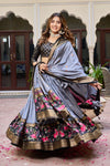 Elegant Grey DOLA Silk Lehenga - Heavy Ajarakh Print for Wedding Wear