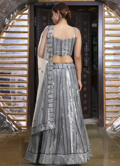 Elegant Grey Faux Georgette Lehenga - Sequin Work for Weddings