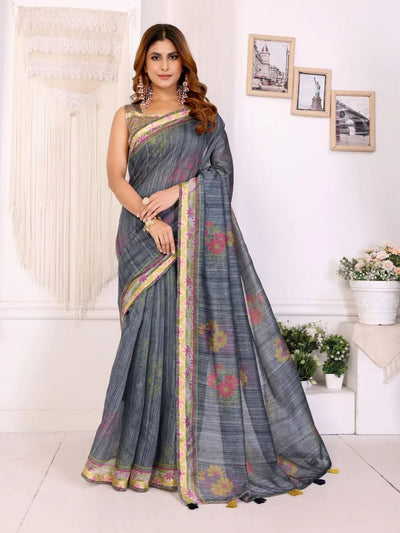 Elegant Grey Floral Printed Chanderi Saree - Lightweight Festive Wear for Women
