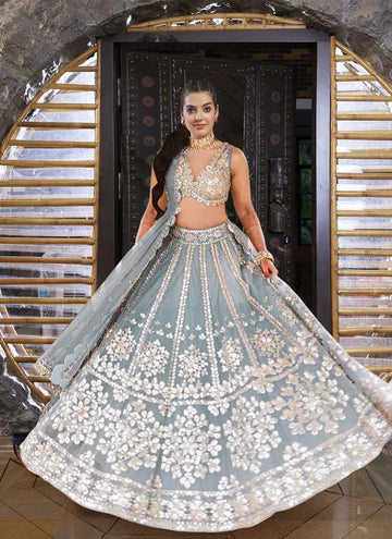 Elegant Grey Net Lehenga Choli - Embroidered Wedding Wear