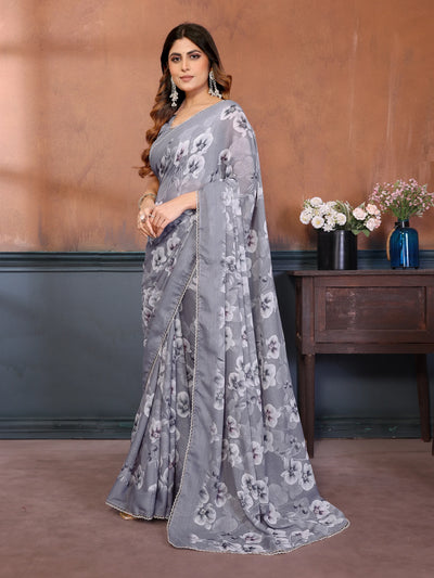 Elegant Grey Printed Georgette Saree - Lightweight Style for Festive & Daily Wear
