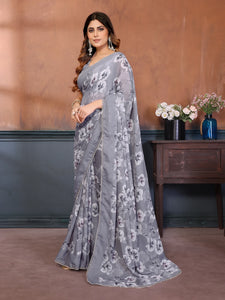 Elegant Grey Printed Georgette Saree - Lightweight Style for Festive & Daily Wear
