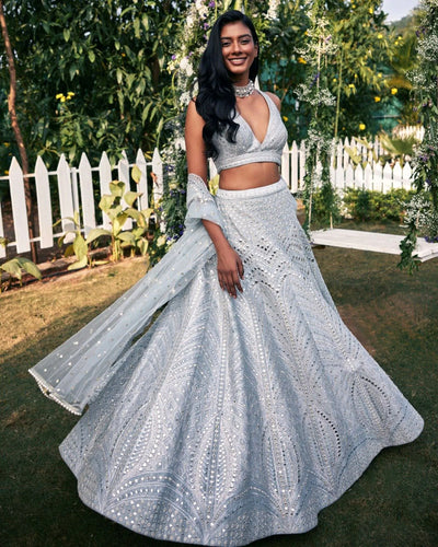 Elegant Grey Silk Lehenga Choli - Heavy Embroidery for Wedding Wear