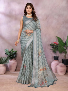 Elegant Greyish Blue Linen Shimmer Saree - Woven Floral Festive Wear for Women