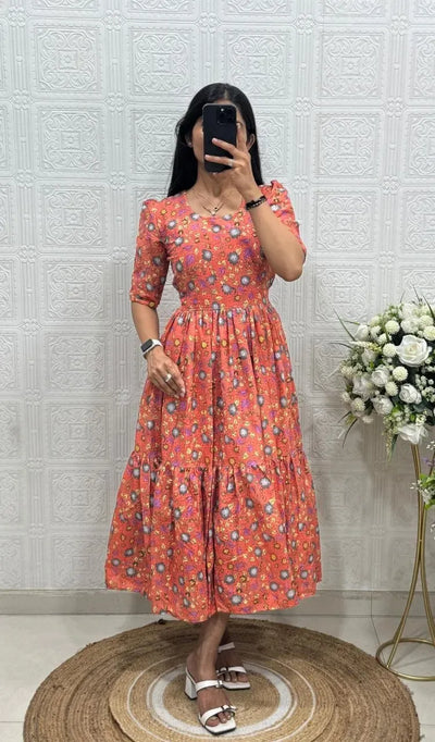 Elegant Hakoba Cotton Printed Maxi Dress - Breathable Comfort with Full Lining