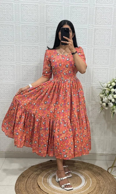 Elegant Hakoba Cotton Printed Maxi Dress - Breathable Comfort with Full Lining