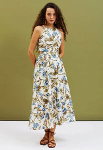 Elegant Halter Neck Floral Dress - Linen Cotton for Women