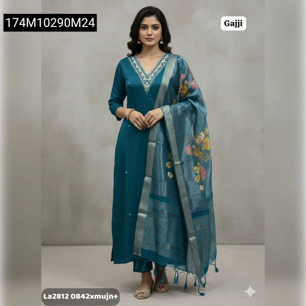 Model wearing Emerald Teal Premium Hand Work Kurti Set with Digital Dupatta