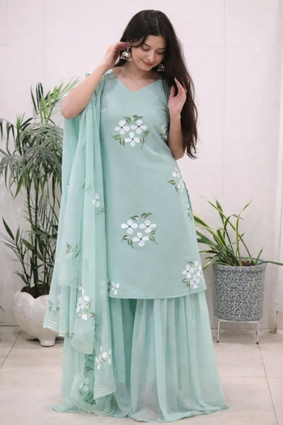 Elegant Handcrafted Georgette Kurti Sharara Set - Floral Hand-Painted Festive Wear for Women