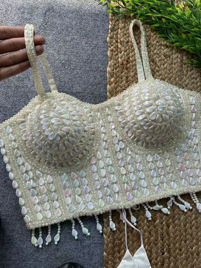 Elegant Handcrafted Pearl Moti Blouse - Fancy Sleeveless Padded Design