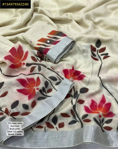 Elegant Handcrafted Viscose Linen Saree - Jamdani Brush Prints & Zari